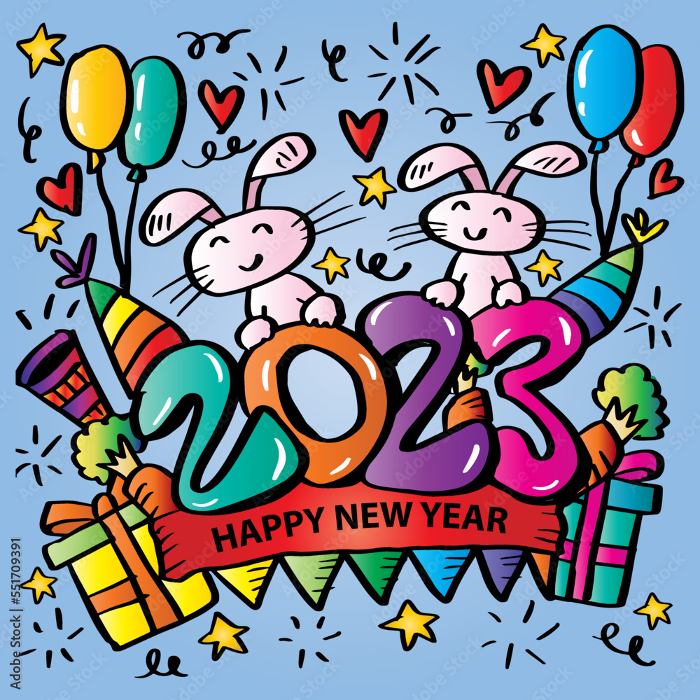 Fototapeta premium Happy New Year 2023 greeting card with cute rabbit.
