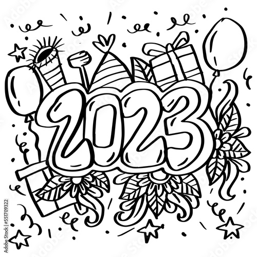 Coloring pages new years illustrations. 2023 hand drawn doodles illustration