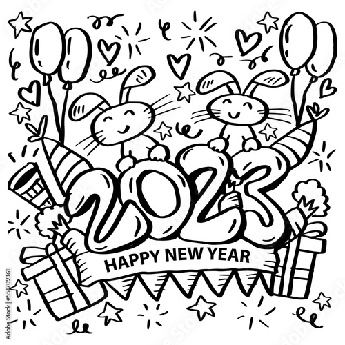 Happy New Year 2023 with Rabbit Coloring Pages