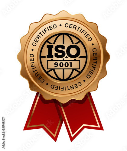 ISO 9001 Bronze medal with red ribbon vector. Seal award bronze. Quality management systems. QMS standard.