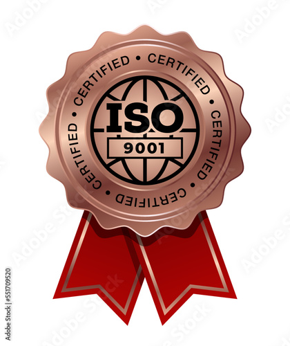 ISO 9001 Copper medal with red ribbon vector. Seal award copper. Quality management systems. QMS standard.