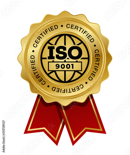 ISO 9001 Golden medal with red ribbon vector. Seal award gold. Quality management systems. QMS standard.