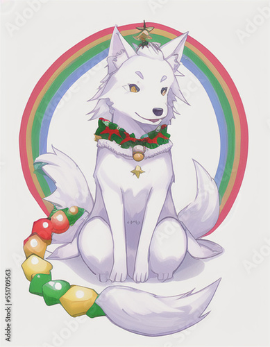 Fantasy anime white wolf, xmas decorations