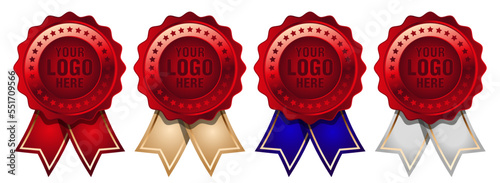 Big set red medal with color ribbon vector. Set of seal award red. Medal badge icons premium red. Blank certificate template - rosette with medal