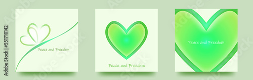 Peace and Freedon メッセージ入りの　ハートイラストの　正方形テンプレートベクターカードセット/壁紙/背景/バレンタイン/戦争/自由