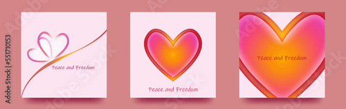 Peace and Freedon メッセージ入りの　ハートイラストの　正方形テンプレートベクターカードセット/壁紙/背景/バレンタイン/戦争/自由