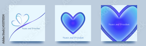 Peace and Freedon メッセージ入りの　ハートイラストの　正方形テンプレートベクターカードセット/壁紙/背景/バレンタイン/戦争/自由