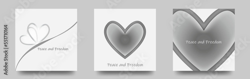 Peace and Freedon メッセージ入りの　ハートイラストの　正方形テンプレートベクターカードセット/壁紙/背景/バレンタイン/戦争/自由