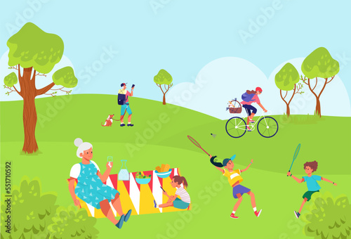 Healthy lifestyle outdoor activities character people together relax nature parkland, family rest outside garden flat vector illustration.