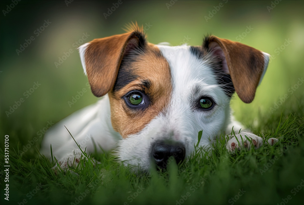 Jack Russell terrier making a face while resting down on park grass that is naturally green.. Generative AI