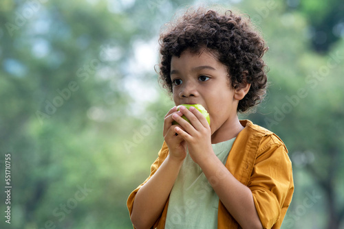 Portrait of half African child boy eat green apples at outdoor park  healthy fruit for children