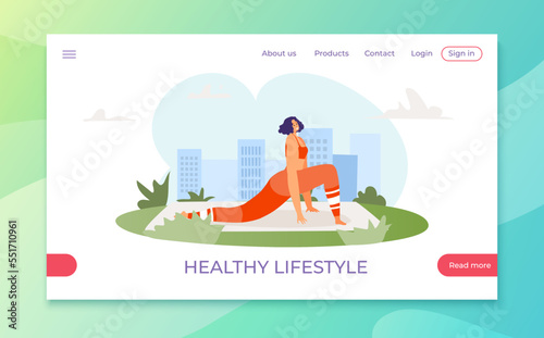 Outdoor fitness healthy lifestyle web application website banner, template landing webpage mobile app flat vector illustration marketing page.