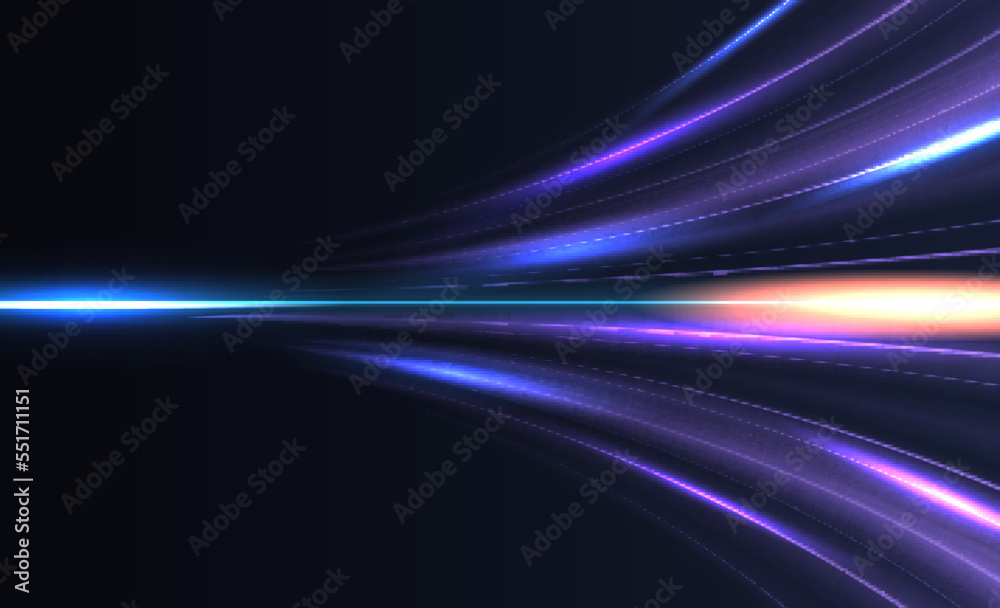 Modern abstract high speed light effect. Technology futuristic dynamic motion. Glow of bright lines of transport vehicle drive on road highway. Vector illustration