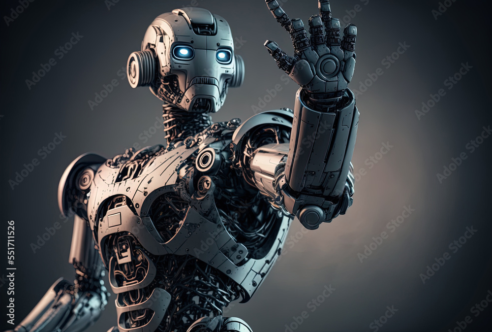 Robot gesturing with its finger and AI technology backing. Generative AI Robot gesturing with its finger and AI technology backing. Generative AI