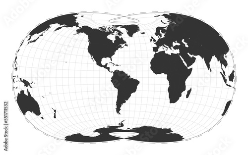 Vector world map in Laskowski tri-optimal projection. Geographical map with latitude and longitude lines, centered at 60 degrees East longitude.