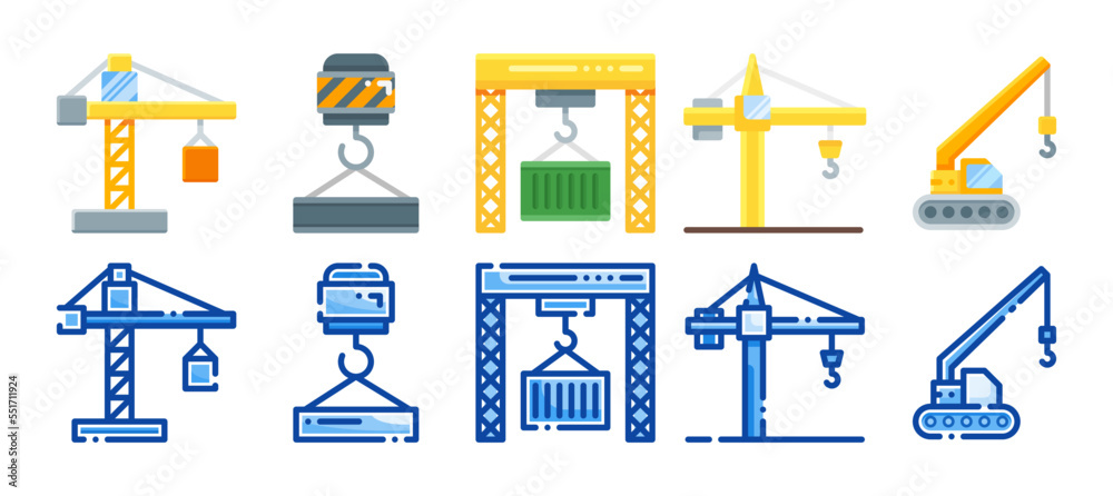 Crane icon set. Vector illustration can be used for mobile, ui, web. Flat and filled line style icon Crane icon set. Vector illustration can be used for mobile, ui, web. Flat and filled line style icon