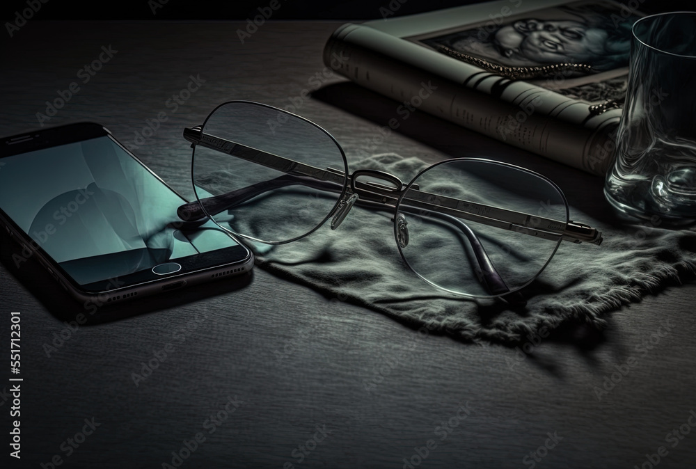 Phone and glasses on a dark table. Generative AI Phone and glasses on a dark table. Generative AI