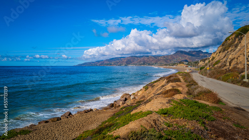 Panoramic seascape of Zuma Beach, Malibu, California, with views of the Pacific Ocean, blue horizon