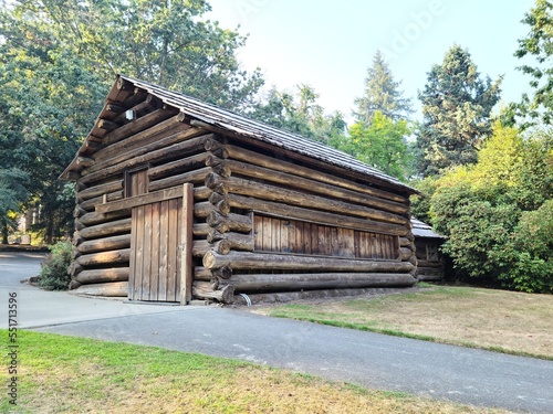 Old wooden house, cabin in forest, perspective view