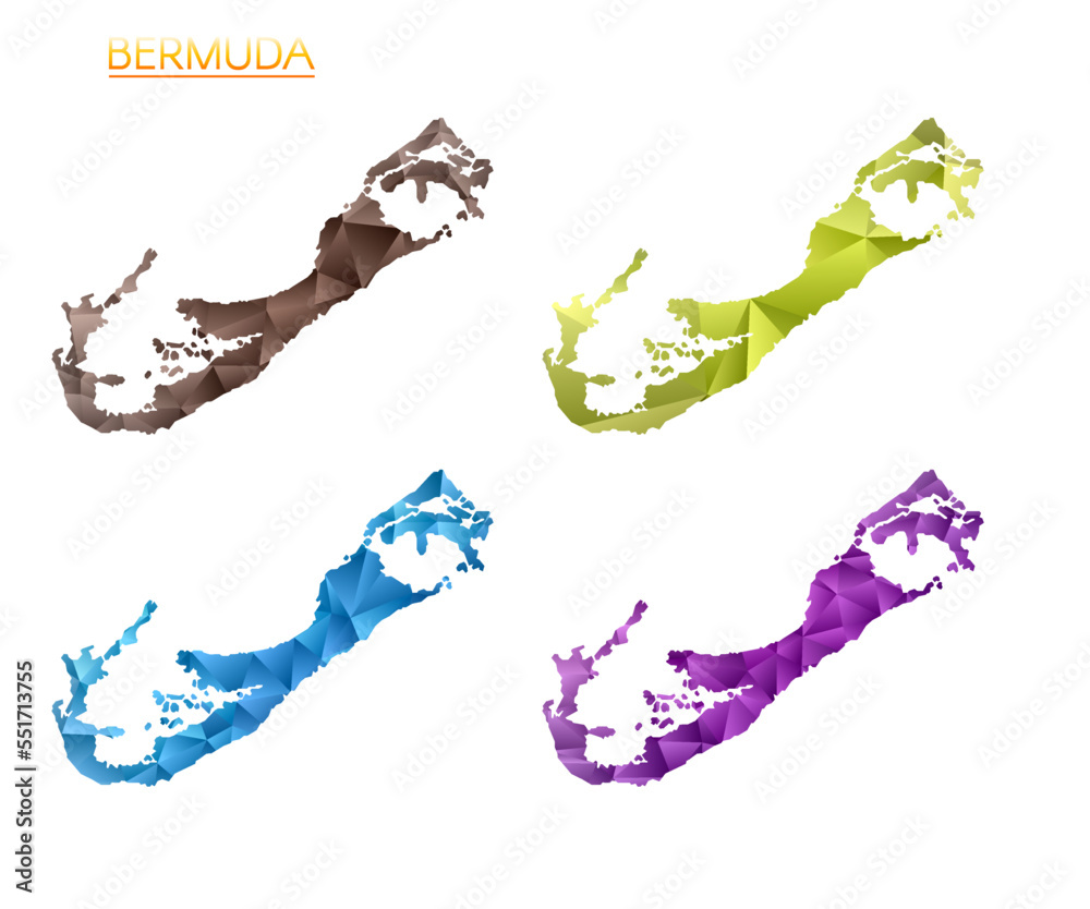 Set of vector polygonal maps of Bermuda. Bright gradient map of island in low poly style. Multicolored Bermuda map in geometric style for your infographics. Radiant vector illustration.