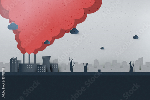 Global warming and climate change concept.Air pollution from factories and CO2 emissions background.Paper art of ecology and environment concept.Vector illustration.