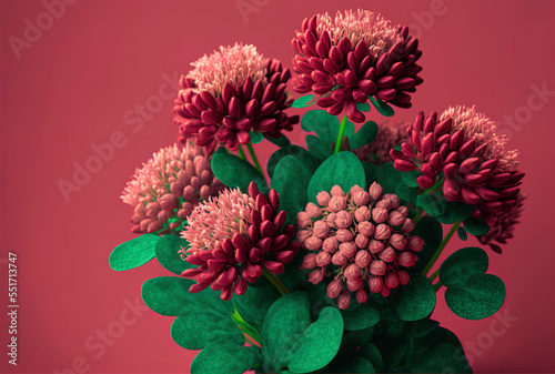 Red clovers in a bouquet  close up  isolated on a pink backdrop  with room for text. Generative AI