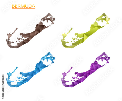 Set of vector polygonal maps of Bermuda. Bright gradient map of island in low poly style. Multicolored Bermuda map in geometric style for your infographics. Radiant vector illustration.