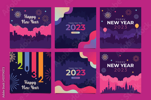 2023 New Year Celebration icons set with fireworks, balloons concept. Vector illustration that can be used for social media post on pink background.