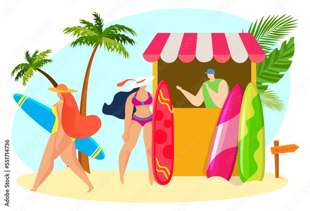 Tropical vacation hot country rent surf equipment, couple young woman hold surfboard flat vector illustration, isolated on white.