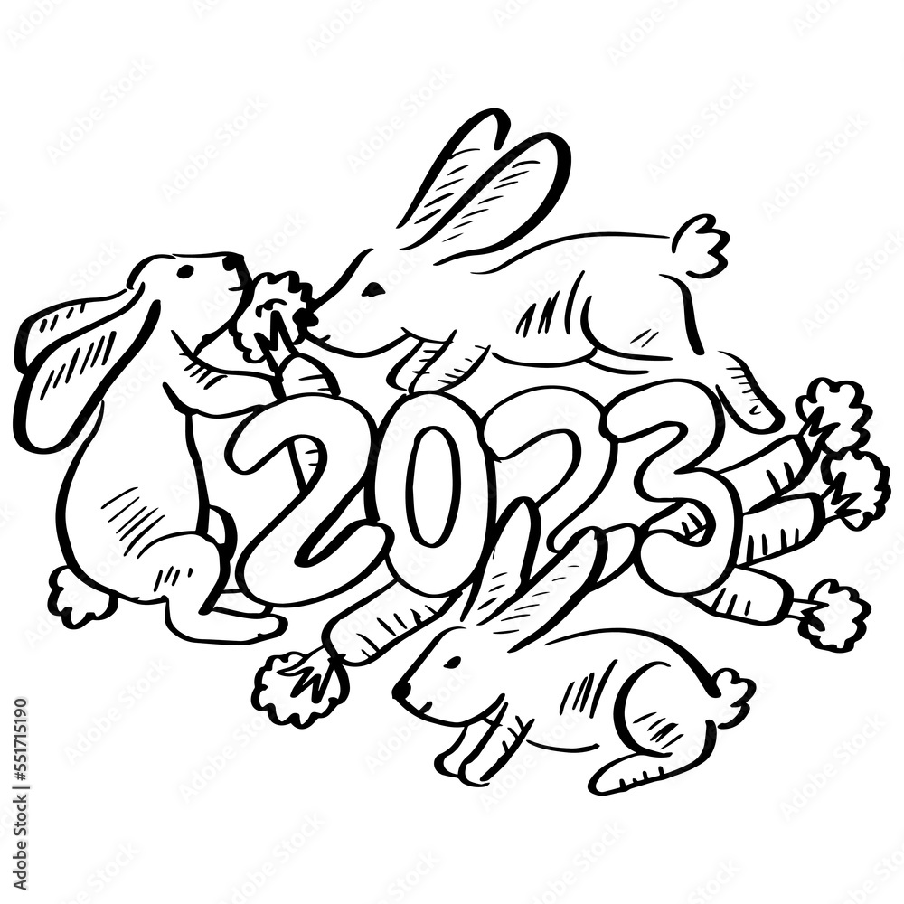 Happy New Year 2023 with Rabbit Coloring Pages