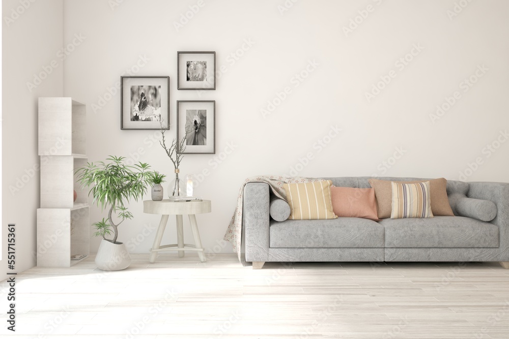 White living room with sofa. Scandinavian interior design. 3D illustration White living room with sofa. Scandinavian interior design. 3D illustration