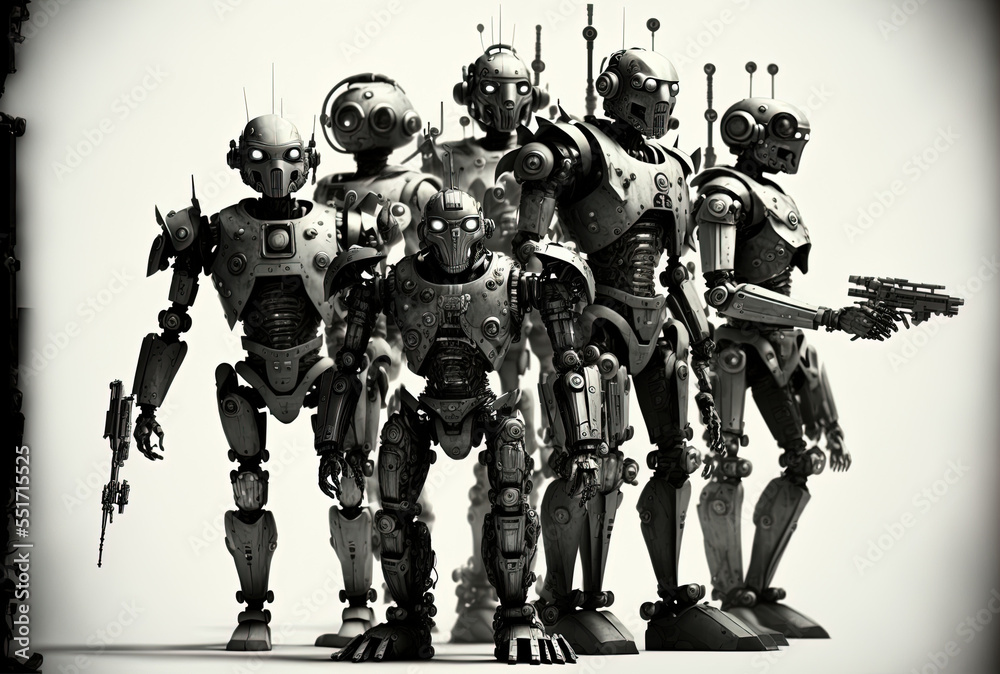 a horde of cyborgs or robots on a white backdrop. Generative AI a horde of cyborgs or robots on a white backdrop. Generative AI