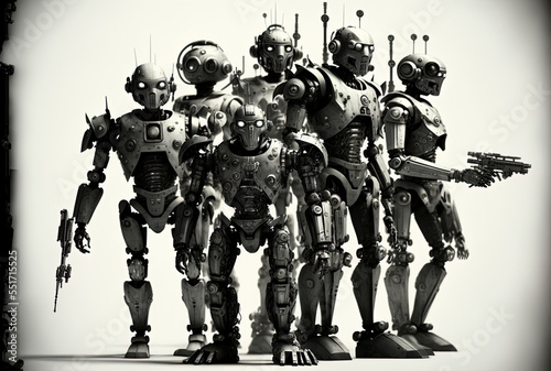 a horde of cyborgs or robots on a white backdrop. Generative AI
