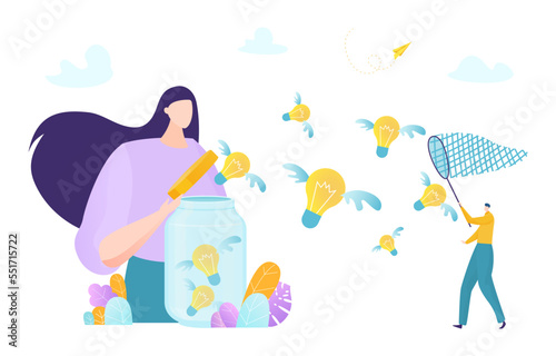 Creative woman spread idea glass jar, tiny male butterfly catcher catch light bulb with wing flat vector illustration, isolated on white.