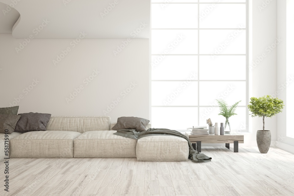White living room with sofa. Scandinavian interior design. 3D illustration White living room with sofa. Scandinavian interior design. 3D illustration