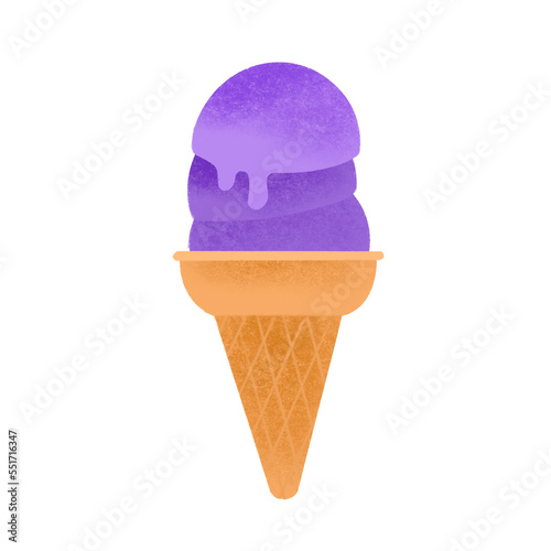 Three scoops Filipino ube flavored sorbetes on cone