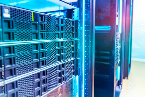 Panel of mainframe of modern servers in data center or ISP photo