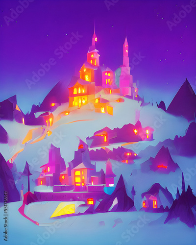 Snowy Night Village Mansion - Magical Landscape Art 