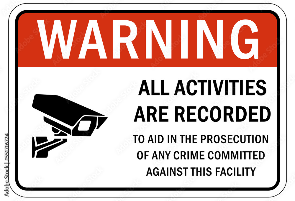 Fototapeta premium Security surveillance warning sign and labels, property under surveillance camera
