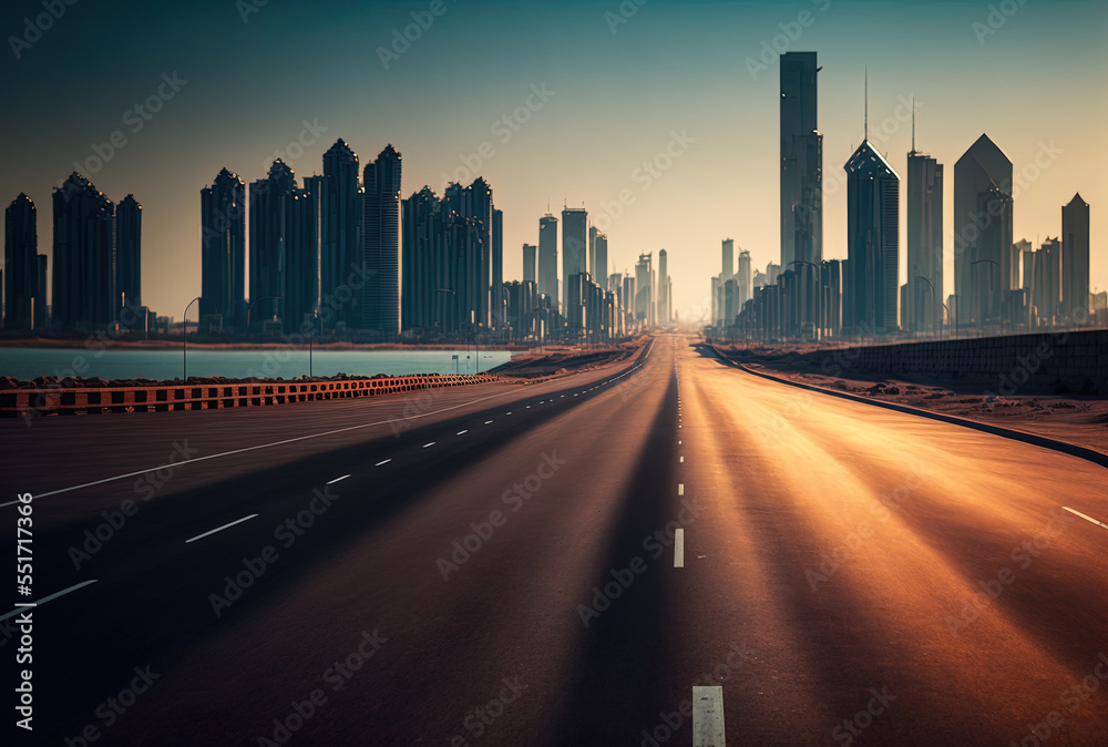 empty roadway with the skyline and cityscape of China's Qingdao.. Generative AI