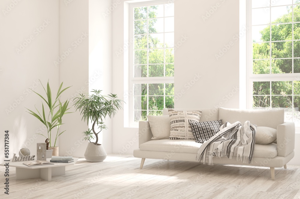 White living room with sofa and summer landscape in window. Scandinavian interior design. 3D illustration White living room with sofa and summer landscape in window. Scandinavian interior design. 3D illustration