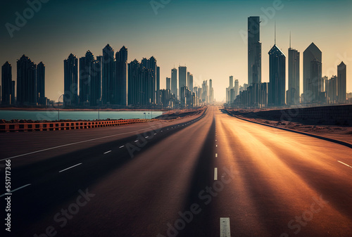 empty roadway with the skyline and cityscape of China's Qingdao.. Generative AI