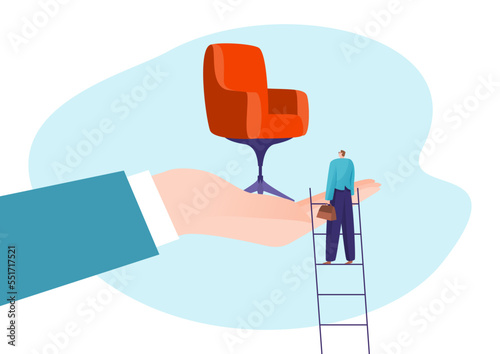 Career advancement success job position, businessman hold boss chair, clerk climb ladder flat vector illustration, isolated on white.
