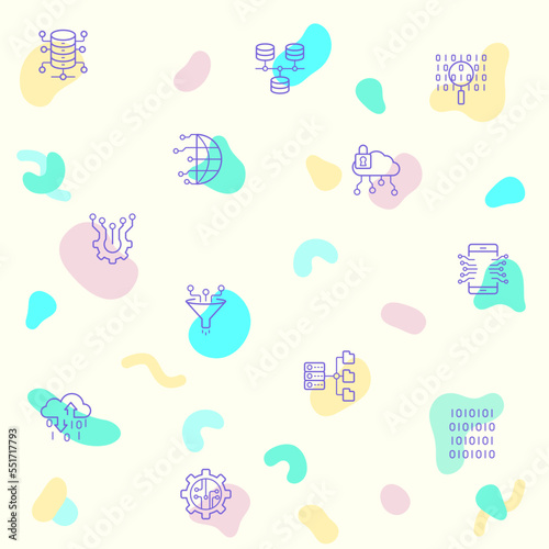 Vector illustration of a cute big data and database. Collection of network, processing, analytics, search, mining, filter, flow, cloud and other elements. Isolated on beige.