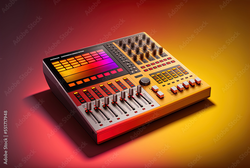 Professional DJ mixer in bright colors over a red and yellow gradient backdrop.. Generative AI Professional DJ mixer in bright colors over a red and yellow gradient backdrop.. Generative AI