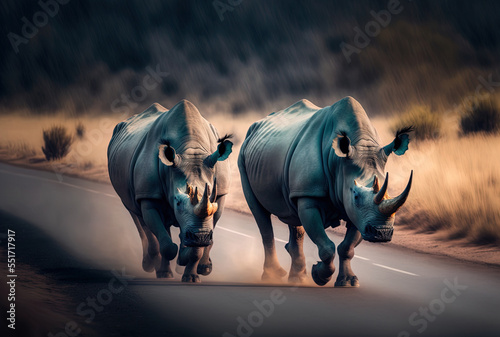 Fotografia Two rhinos are shown in a blurred focus moving down a road
