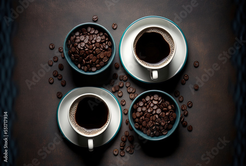 Top view of a few coffee cups with coffee beans in the background. room for text. Generative AI