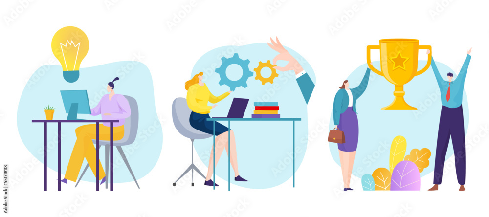 Fototapeta premium Office clerk colleague character sitting workplace, teamwork golden cup and light bulb idea flat vector illustration, isolated on white.