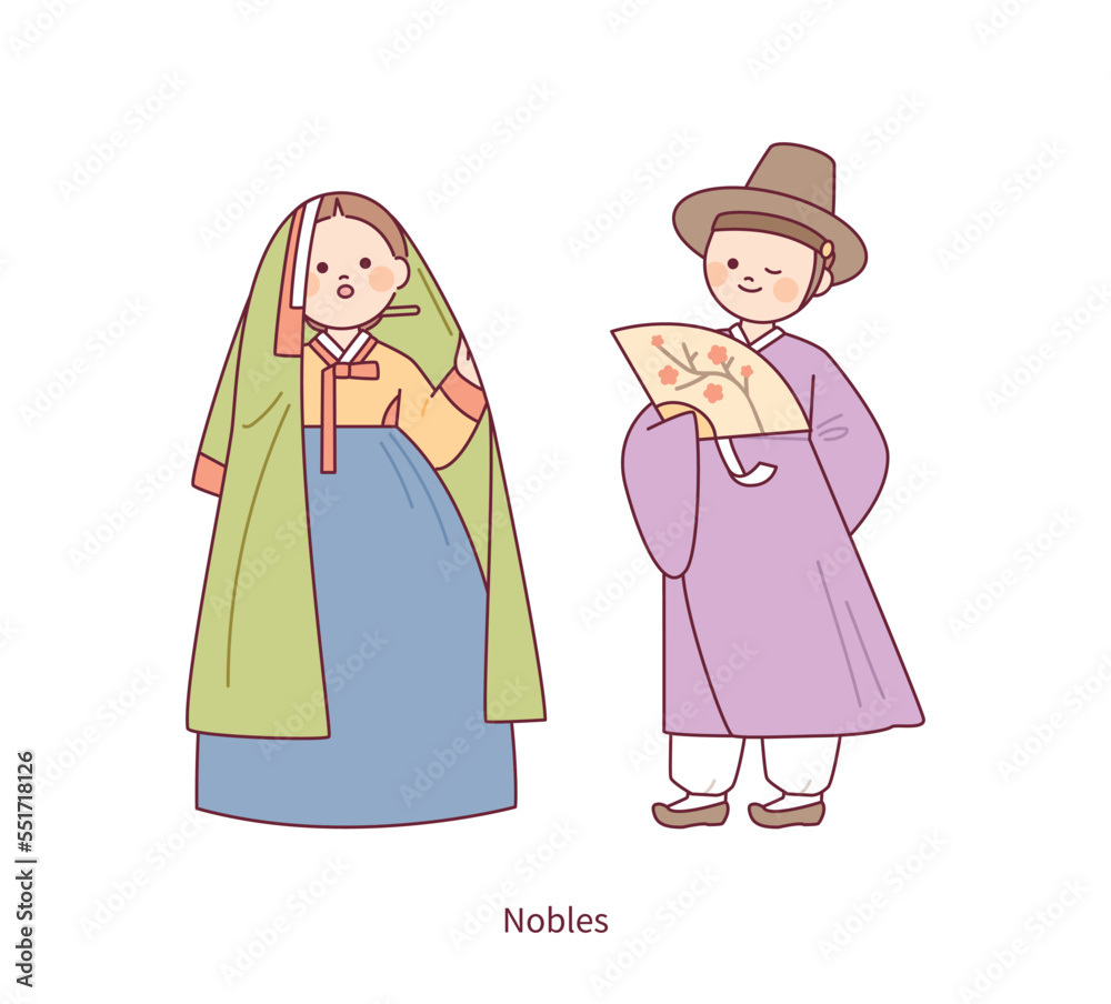 Costumes of Joseon, an old country in Korea. Female and male characters of aristocratic status. outline simple vector illustration. Costumes of Joseon, an old country in Korea. Female and male characters of aristocratic status. outline simple vector illustration.