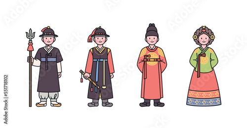 Joseon, an old Korean nation. Character in police officer, police captain, king and queen costume. outline simple vector illustration.